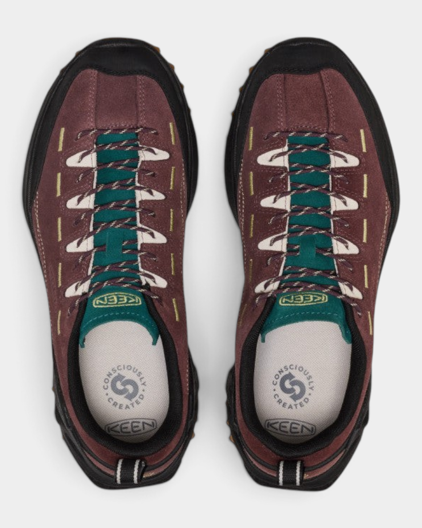 Keen Jasper Zionic Shoes in Huckleberry/Lemongrass, the pair from a second angle, deep wine suede with a black toe bumper, gum lugged outsole and pale yellow stitching