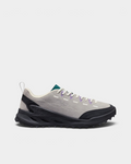 Lockwood Avenue Keen Jasper Zionic Shoes in Alloy/Mediterranea, side view, pale grey suede with a teal tongue, lilac lace loops and a black lugged sole
