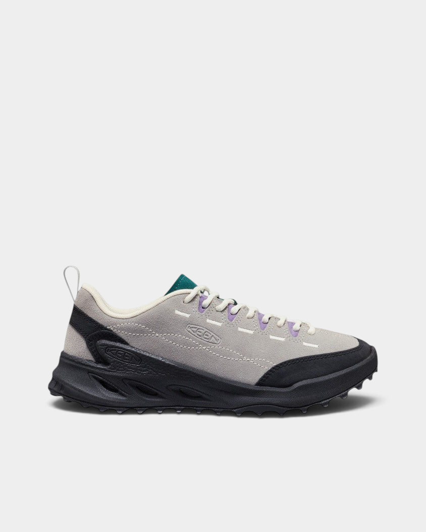 Lockwood Avenue Keen Jasper Zionic Shoes in Alloy/Mediterranea, side view, pale grey suede with a teal tongue, lilac lace loops and a black lugged sole
