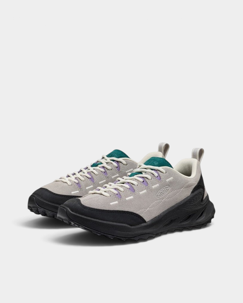 Lockwood Avenue Keen Jasper Zionic Shoes in Alloy/Mediterranea, a pair from the front three-quarter, pale grey suede with a teal tongue, lilac lace loops and a black lugged sole