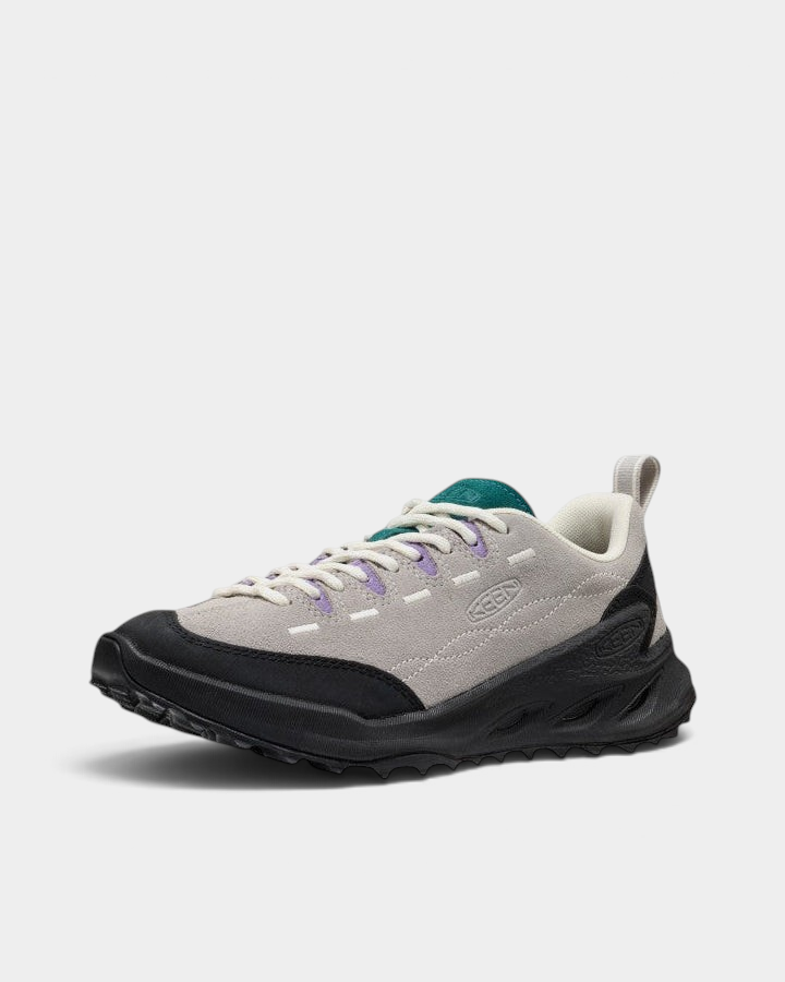 Lockwood Avenue Keen Jasper Zionic Shoes in Alloy/Mediterranea, a pair from the side three-quarter, pale grey suede with a teal tongue, lilac lace loops and a black lugged sole