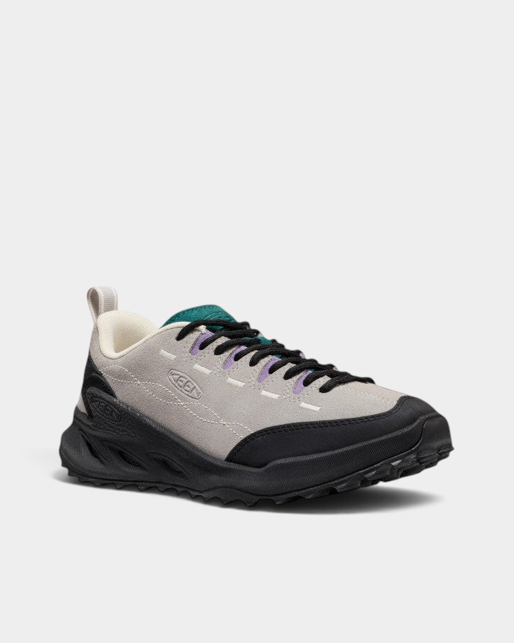 Lockwood Avenue Keen Jasper Zionic Shoes in Alloy/Mediterranea, a pair from the back three-quarter, pale grey suede with a teal tongue, lilac lace loops and a black lugged sole
