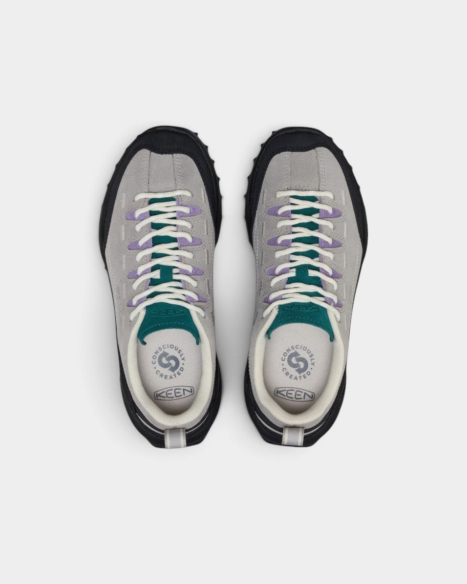 Lockwood Avenue Keen Jasper Zionic Shoes in Alloy/Mediterranea, a pair from above, pale grey suede with a teal tongue, lilac lace loops and a black lugged sole