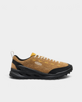 Lockwood Avenue Keen Jasper Zionic Shoes in Chipmunk/Symphonic Sunset, side view, shaggy tan suede with a black toe bumper, yellow stitching and a black lugged sole