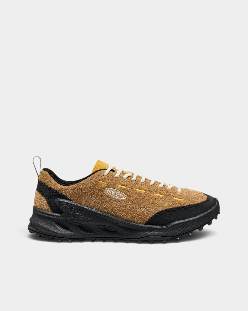 Lockwood Avenue Keen Jasper Zionic Shoes in Chipmunk/Symphonic Sunset, side view, shaggy tan suede with a black toe bumper, yellow stitching and a black lugged sole