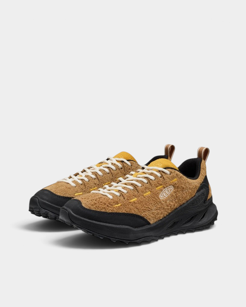 Lockwood Avenue Keen Jasper Zionic Shoes in Chipmunk/Symphonic Sunset, a pair from the front three-quarter, shaggy tan suede with a black toe bumper, yellow stitching and a black lugged sole
