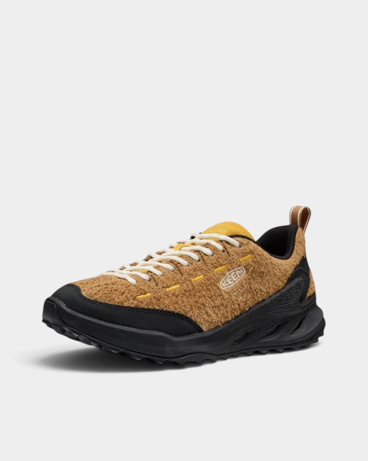 Lockwood Avenue Keen Jasper Zionic Shoes in Chipmunk/Symphonic Sunset, a pair from the side three-quarter, shaggy tan suede with a black toe bumper, yellow stitching and a black lugged sole