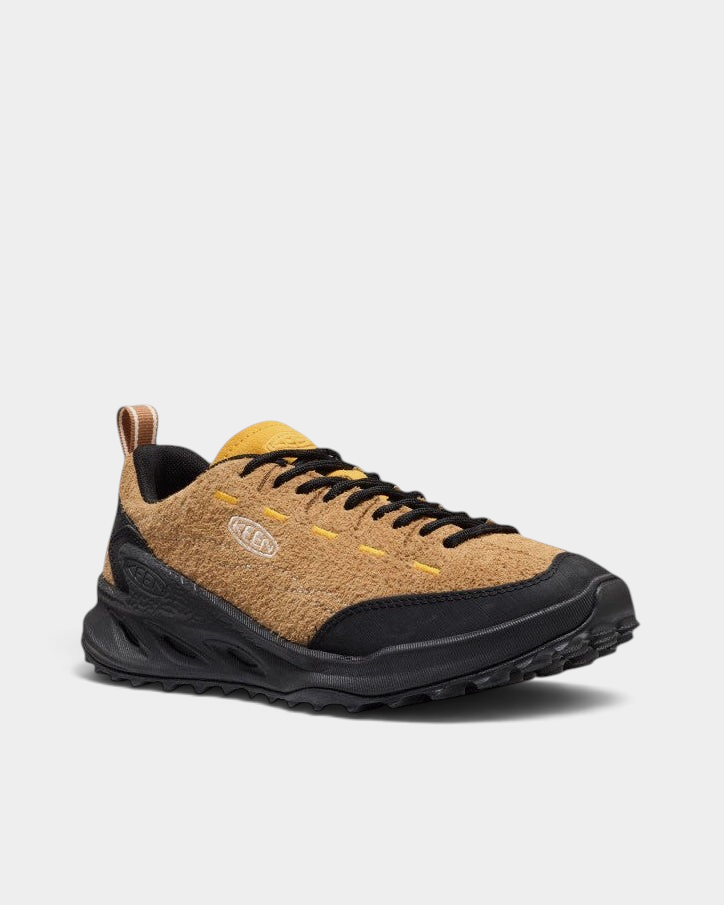 Lockwood Avenue Keen Jasper Zionic Shoes in Chipmunk/Symphonic Sunset, a pair from the back three-quarter, shaggy tan suede with a black toe bumper, yellow stitching and a black lugged sole