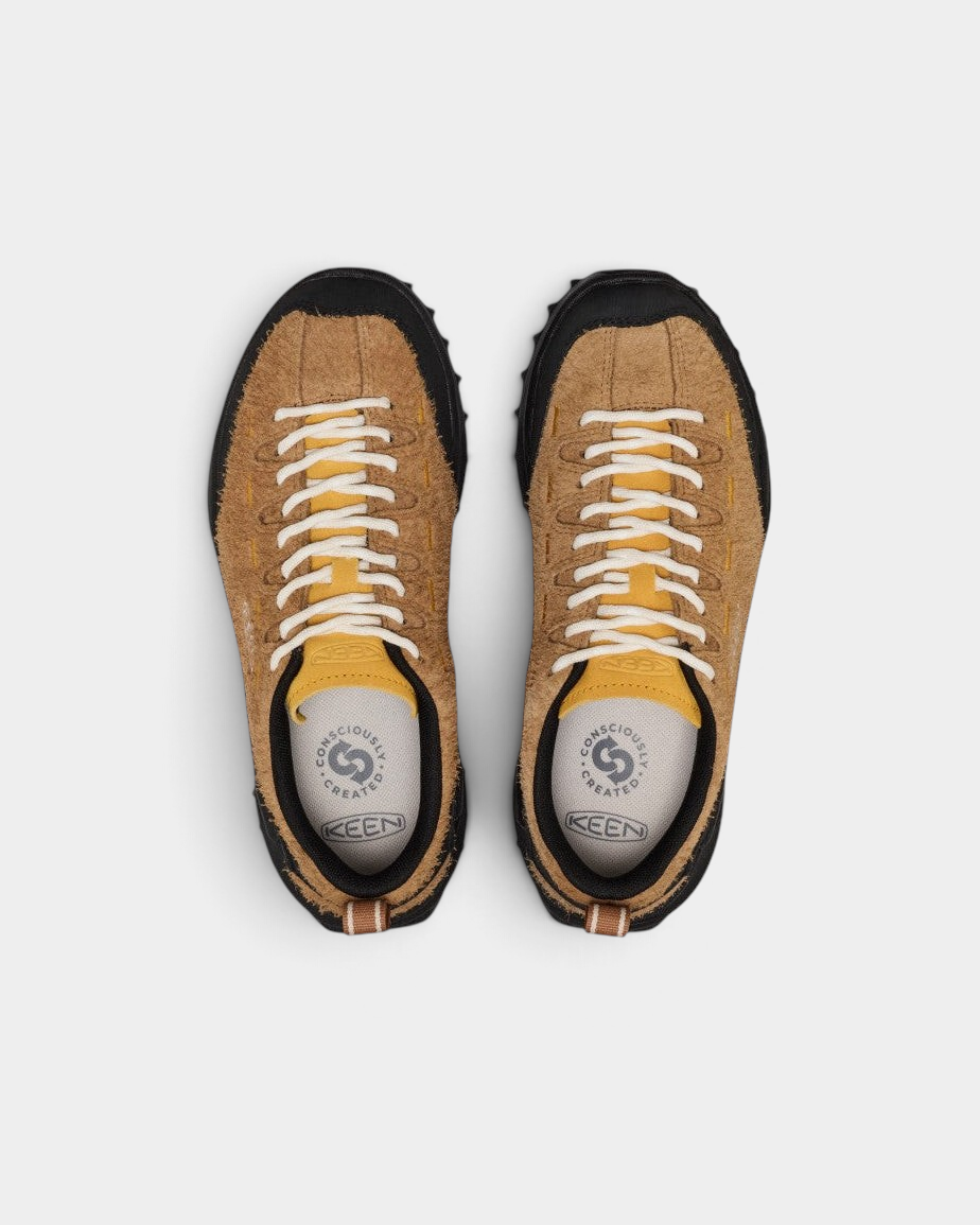 Lockwood Avenue Keen Jasper Zionic Shoes in Chipmunk/Symphonic Sunset, a pair from above, shaggy tan suede with a black toe bumper, yellow stitching and a black lugged sole
