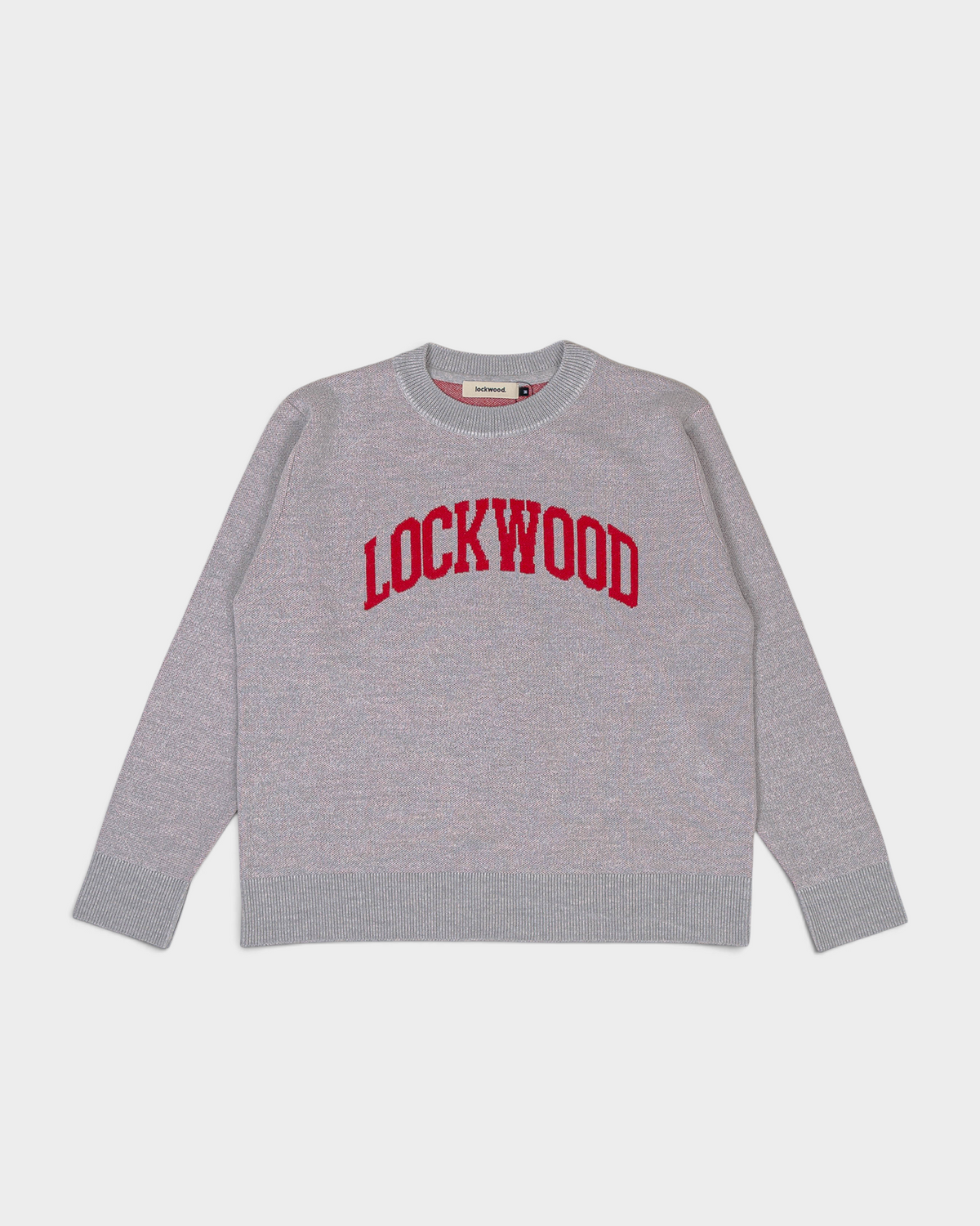 Lockwood Varsity Knit Sweater in Grey/Red, flat-lay front with LOCKWOOD in red arched varsity lettering on the chest