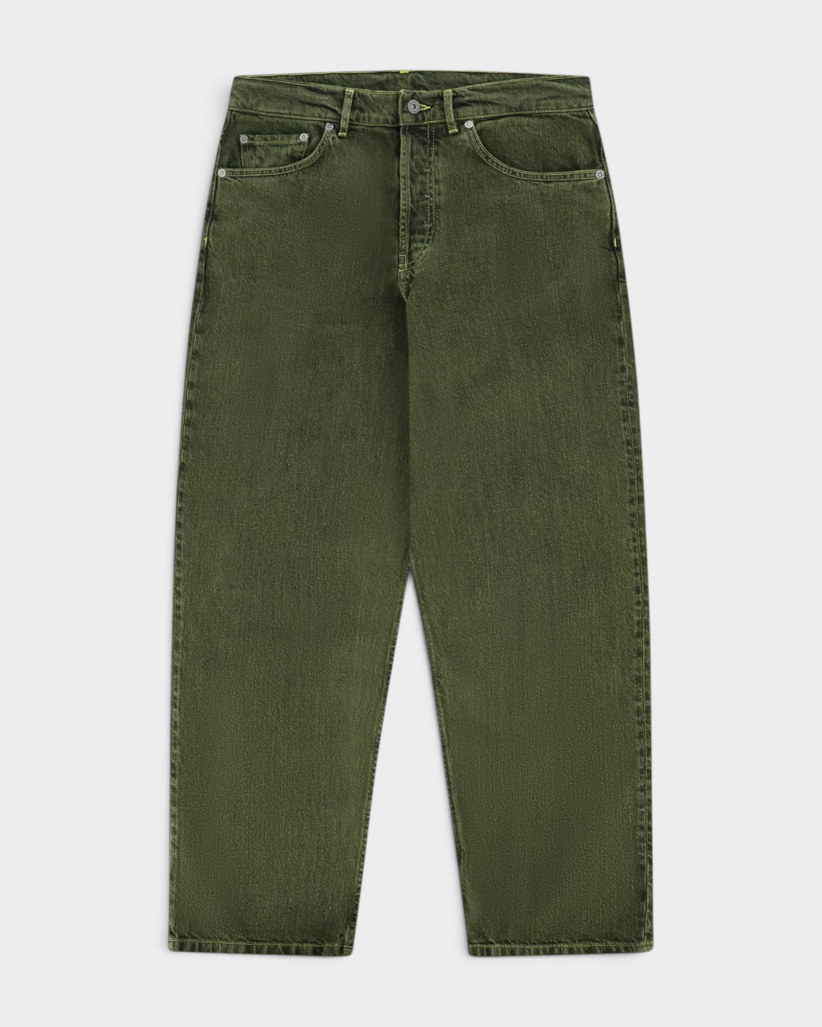 Lockwood Classic Relaxed Jeans in Poison Green, flat-lay front: washed olive green denim