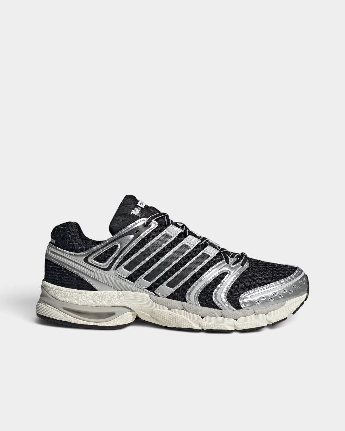 Lockwood Avenue adidas Adistar Control 5 sneakers in black and silver with open mesh and metallic overlays.