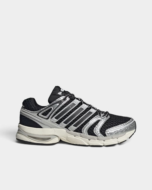Lockwood Avenue adidas Adistar Control 5 sneakers in black and silver with open mesh and metallic overlays.