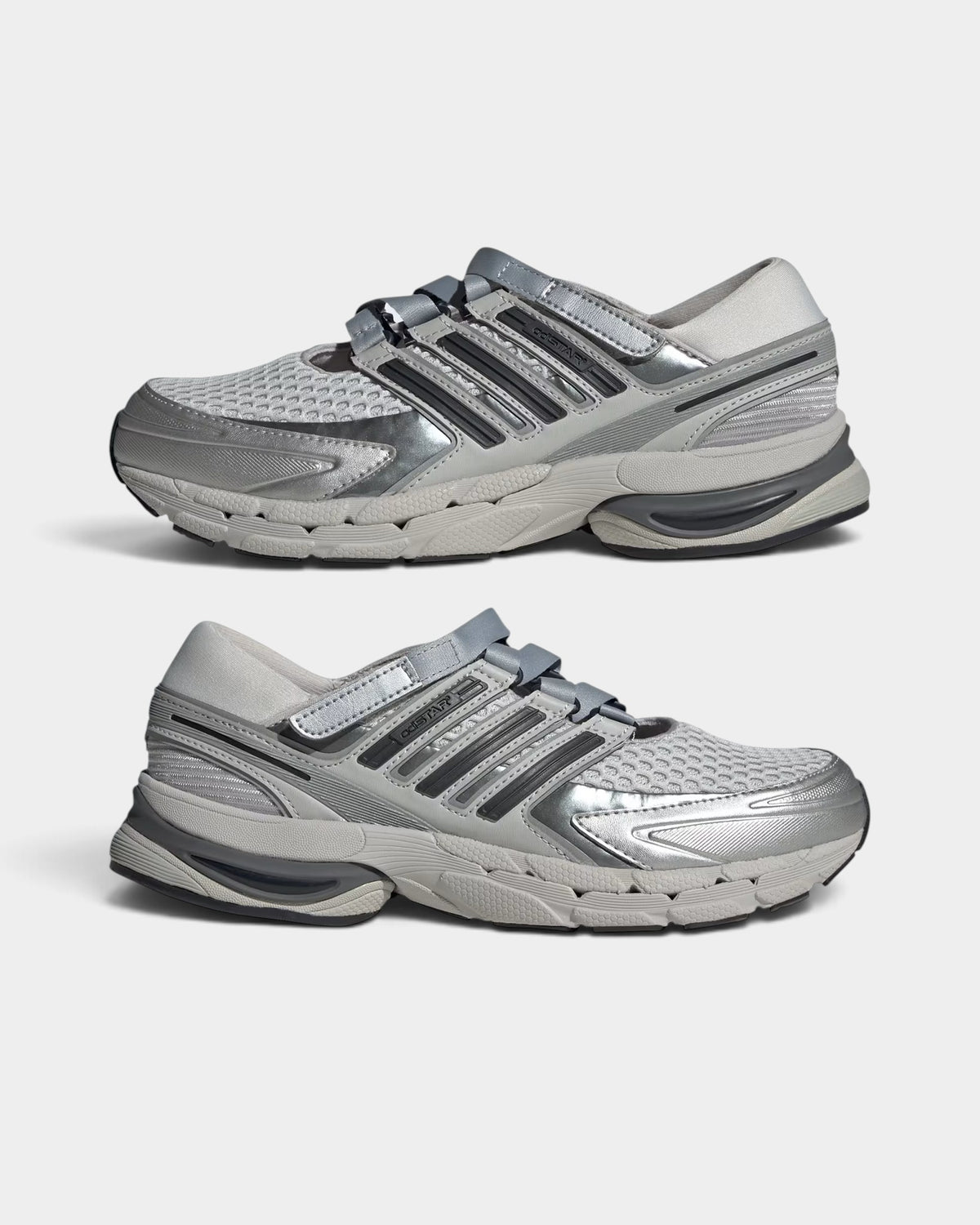 Lockwood Avenue adidas Adistar Control 5 sneakers in tonal gray and silver metallic with breathable mesh upper.