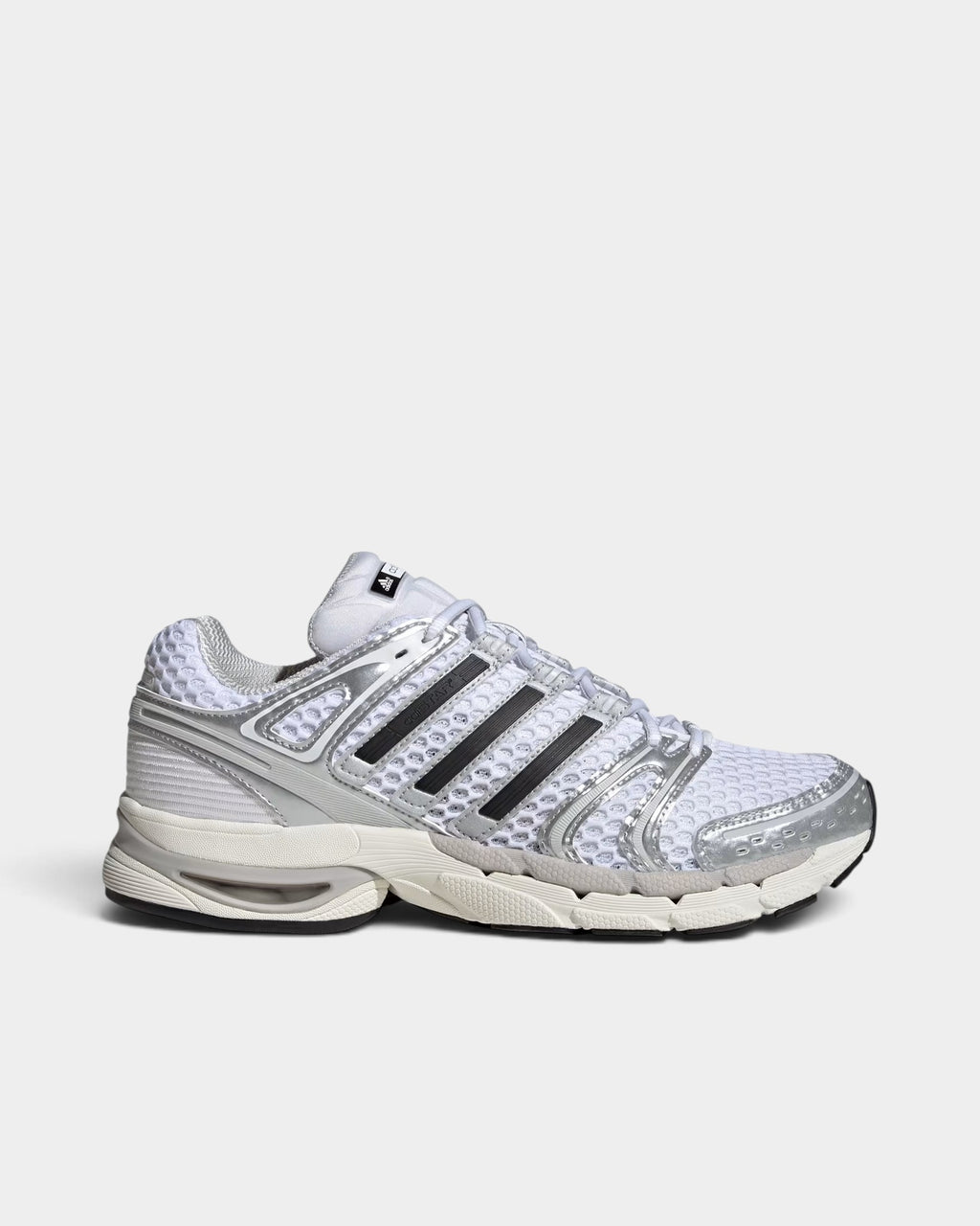 Lockwood Avenue adidas Adistar Control 5 sneakers in silver metallic, gray, and black with an open mesh upper.