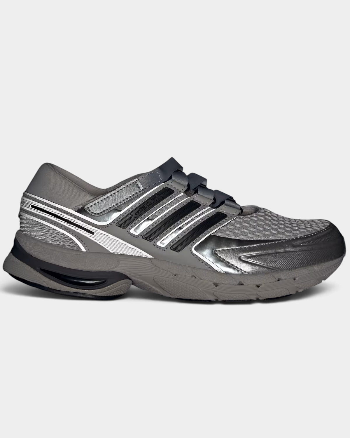 Lockwood Avenue adidas Adistar Control 5 sneakers in tonal gray and silver metallic with an open mesh upper.
