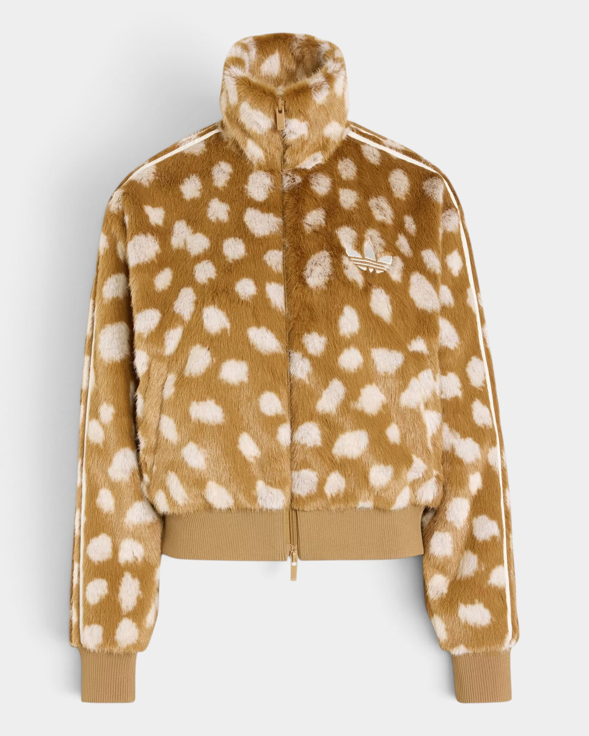 Lockwood Avenue adidas Firebird faux-fur track jacket in brown animal print with white 3-Stripes and high collar