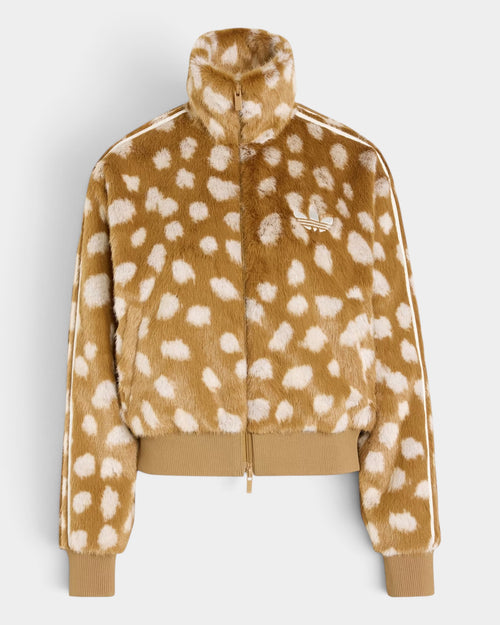 Lockwood Avenue adidas Firebird faux-fur track jacket in brown animal print with white 3-Stripes and high collar