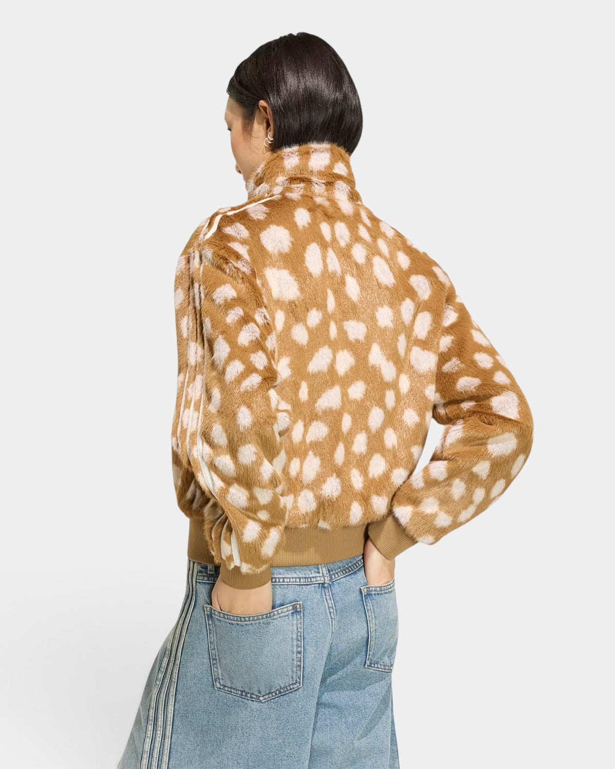 Lockwood Avenue adidas Firebird faux-fur track jacket in brown animal print with high collar and 3-Stripes detail
