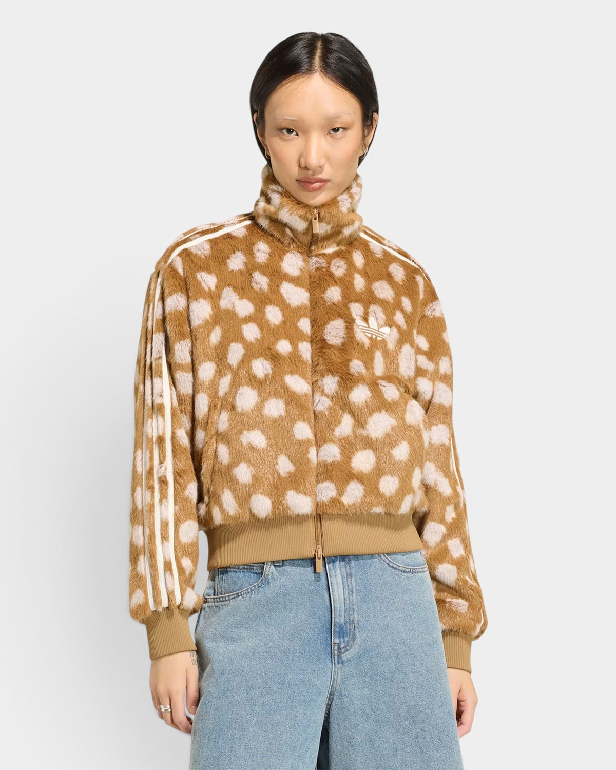 Lockwood Avenue adidas Firebird faux-fur track jacket in brown animal print with white 3-Stripes and high collar.
