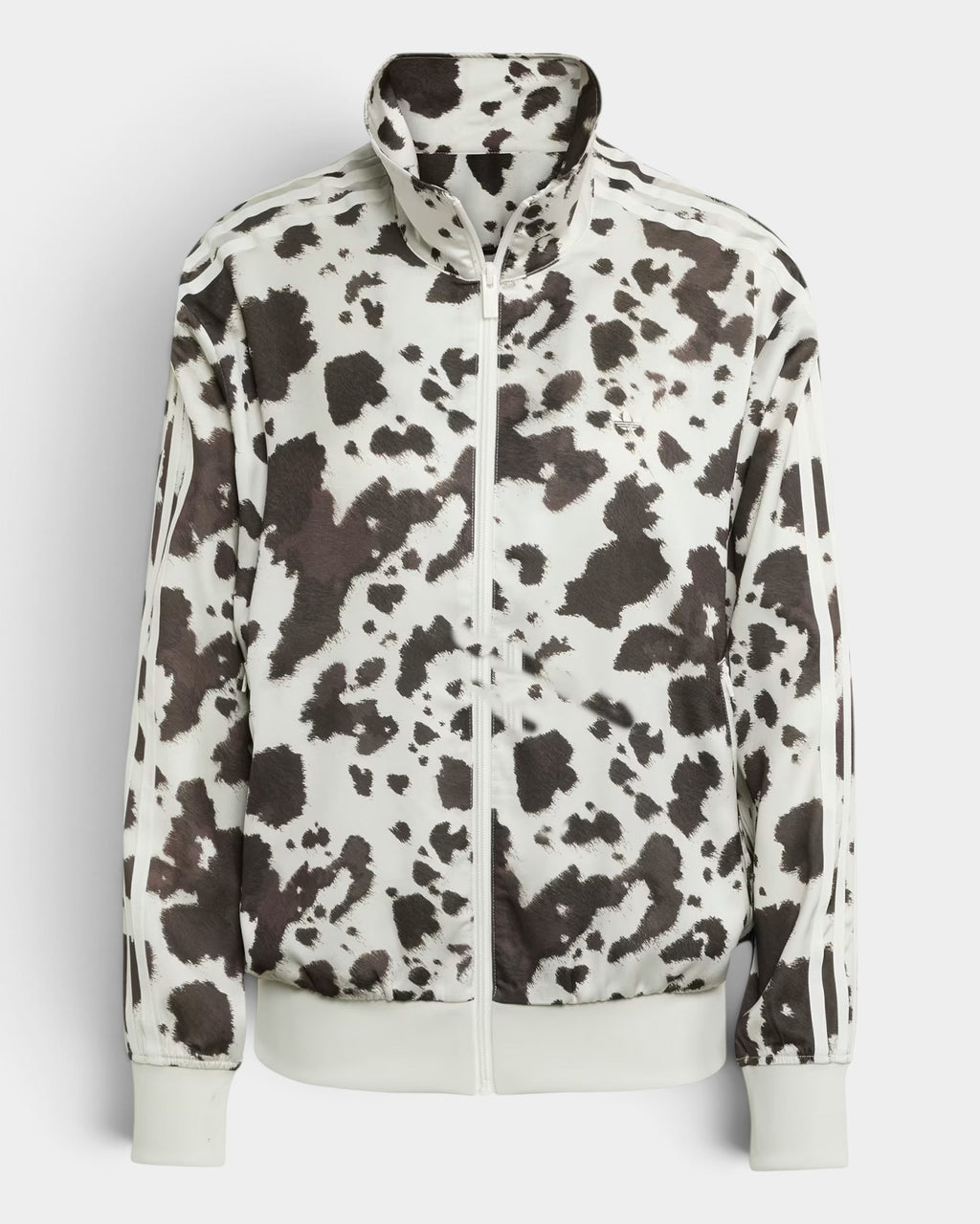 Lockwood Avenue adidas satin track top featuring a brown and white animal print, stand-up collar, and 3-Stripes.