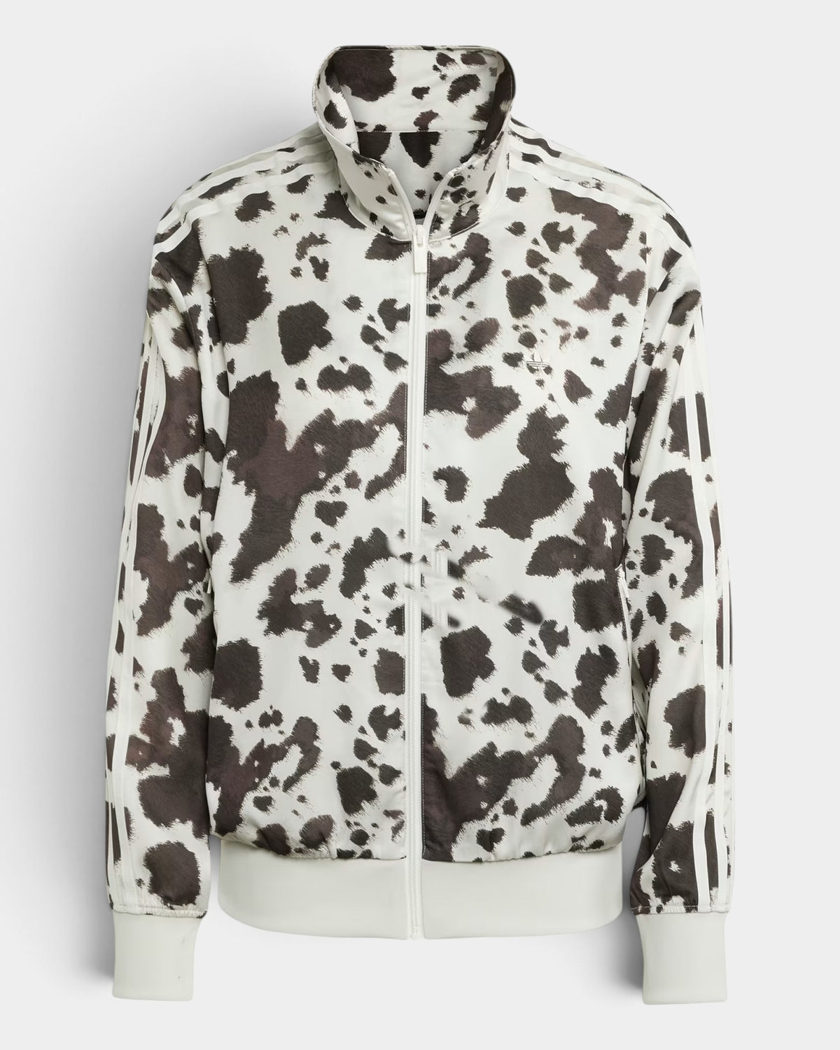 Lockwood Avenue adidas satin track top featuring a brown and white animal print, stand-up collar, and 3-Stripes.