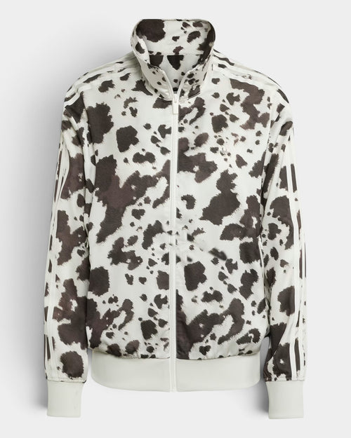 Lockwood Avenue adidas satin track top featuring a brown and white animal print, stand-up collar, and 3-Stripes.
