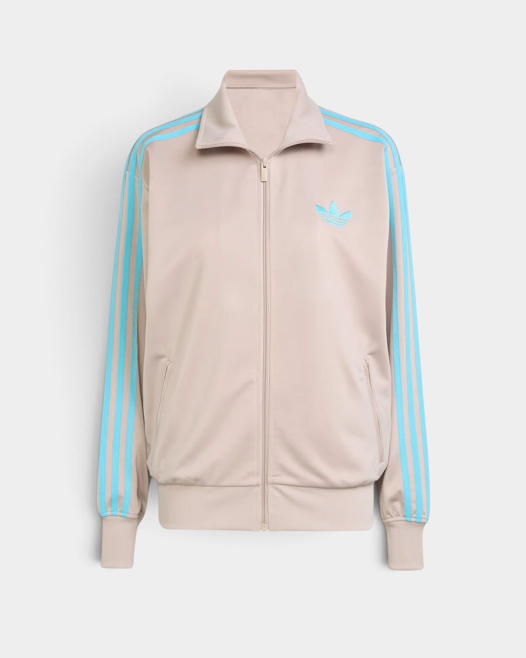 Lockwood Avenue adidas Adicolor Firebird track top in beige with blue glow 3-stripes and embroidered Trefoil logo.