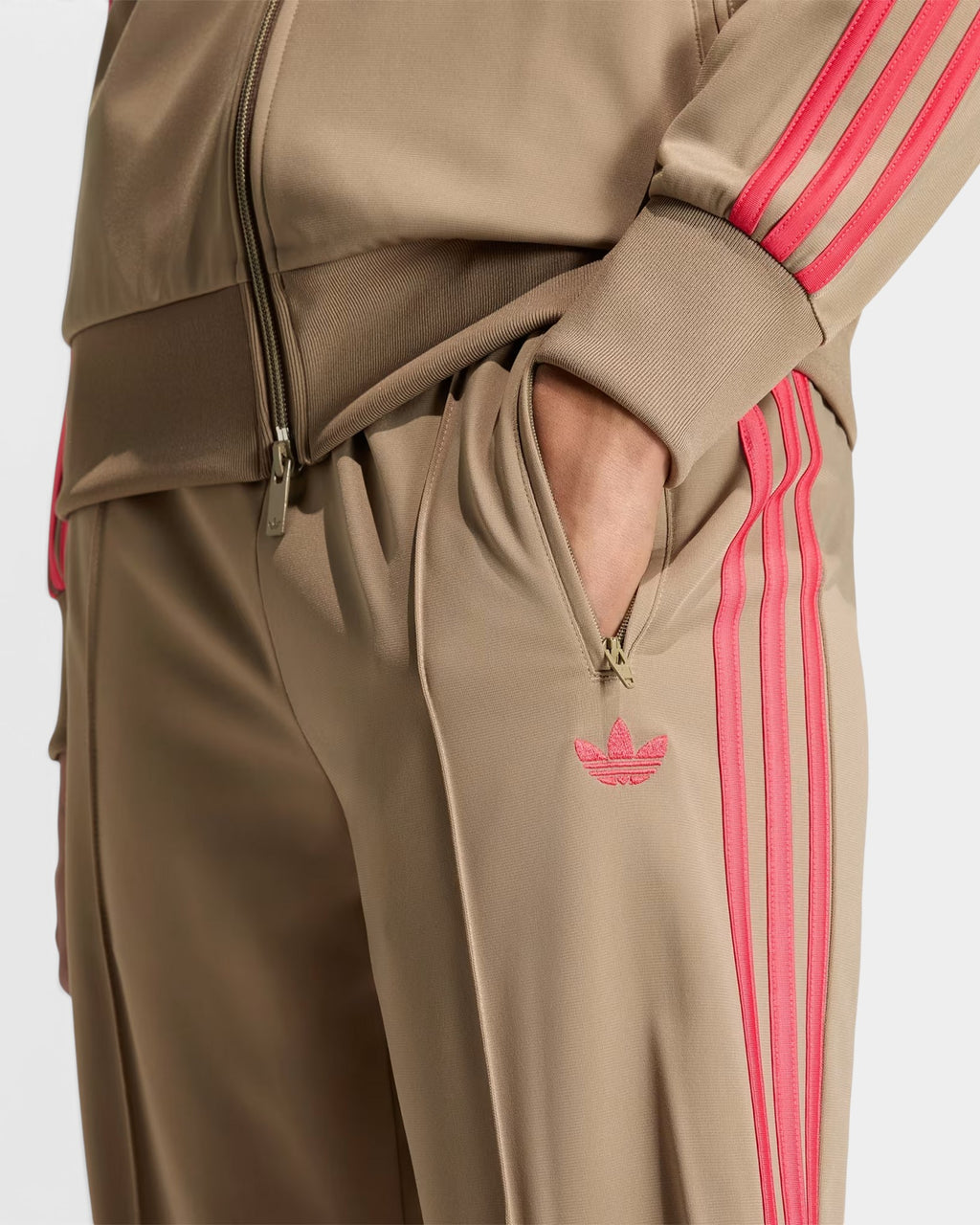 Lockwood Avenue adidas Firebird loose track pants in beige tricot fabric with bright pink 3-Stripes and logo detail