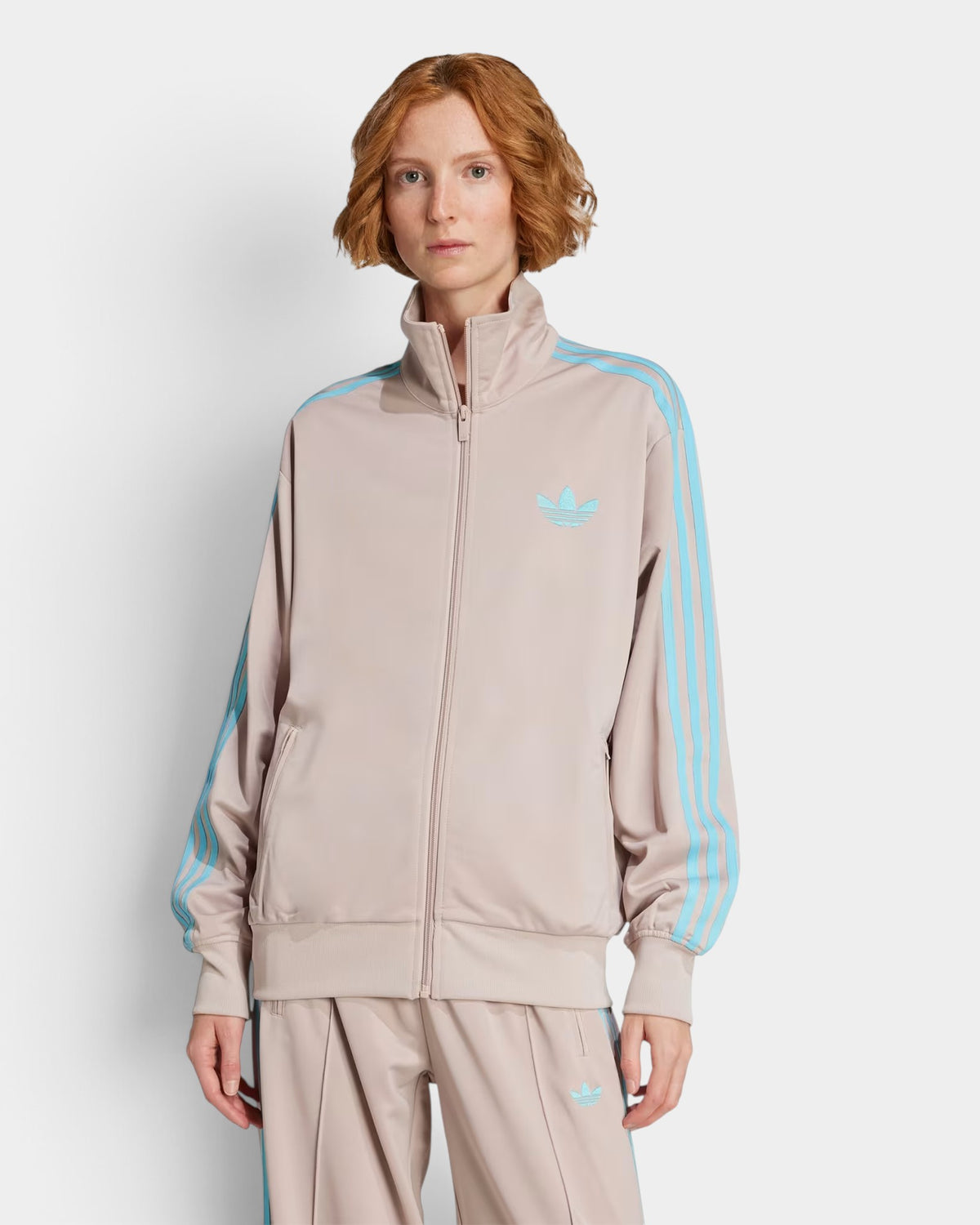 Lockwood Avenue adidas Adicolor Firebird loose track top in beige with blue stripes and embroidered Trefoil logo