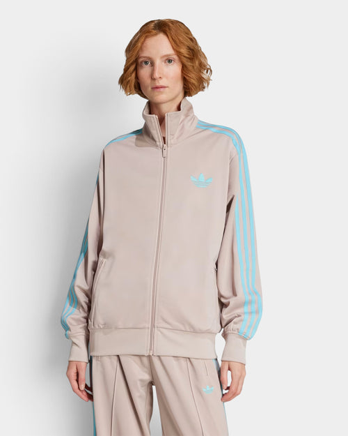 Lockwood Avenue adidas Adicolor Firebird loose track top in beige with blue stripes and embroidered Trefoil logo