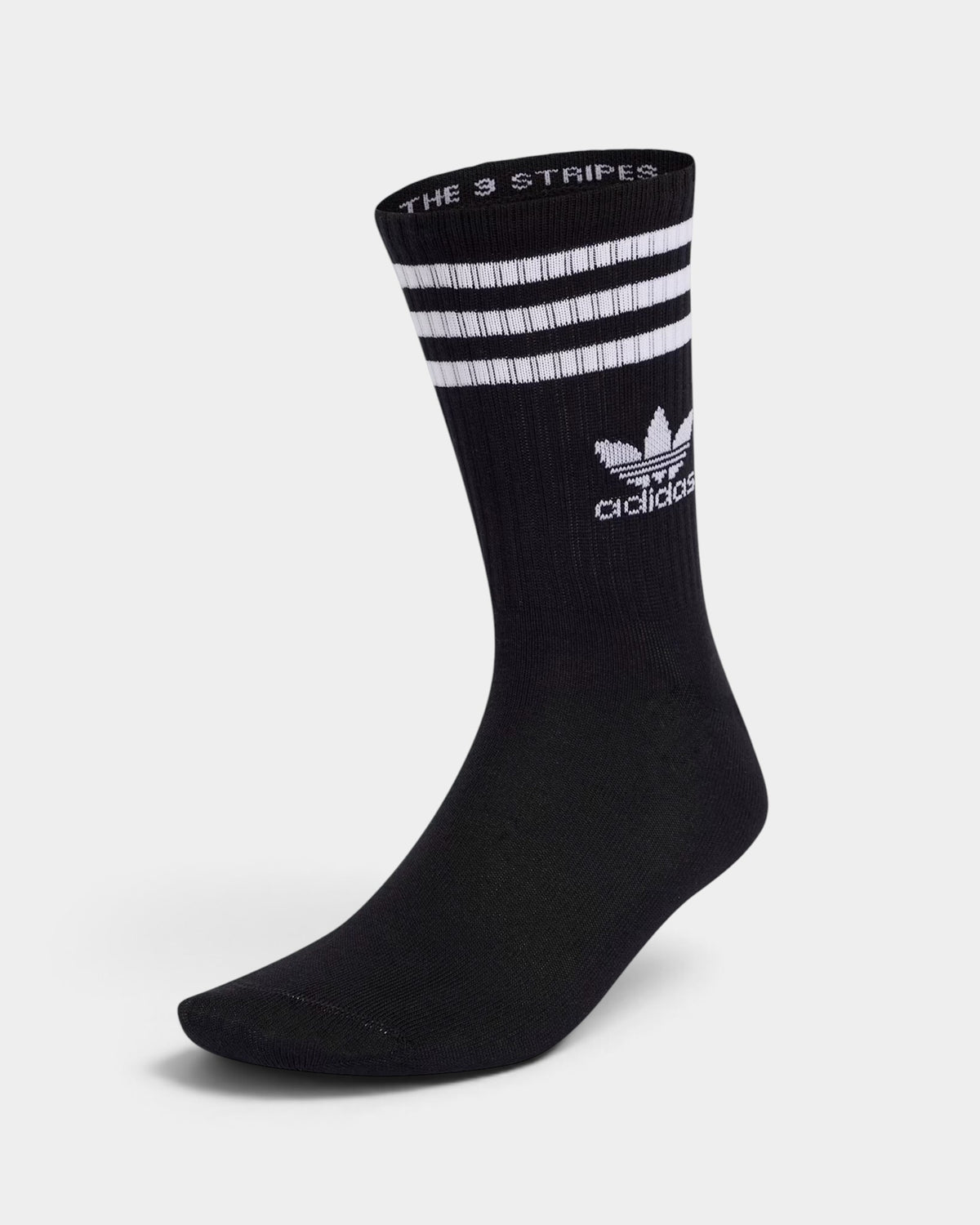 Lockwood Avenue adidas black crew socks featuring white 3-Stripes and trefoil logo on a ribbed cuff
