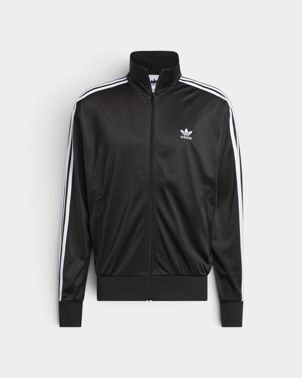 Lockwood Avenue adidas Adicolor Classic Firebird black loose track top with white 3-Stripes and stand-up collar.