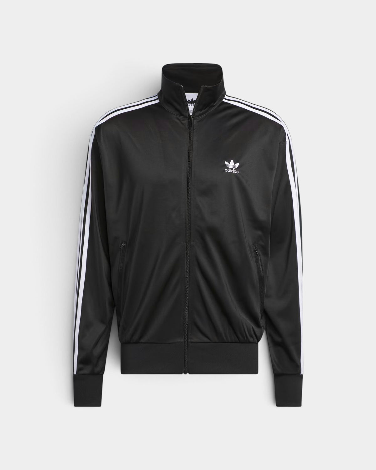 Lockwood Avenue adidas Adicolor Classic Firebird black loose track top with white 3-Stripes and stand-up collar.