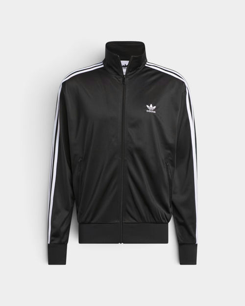 Lockwood Avenue adidas Adicolor Classic Firebird black loose track top with white 3-Stripes and stand-up collar.
