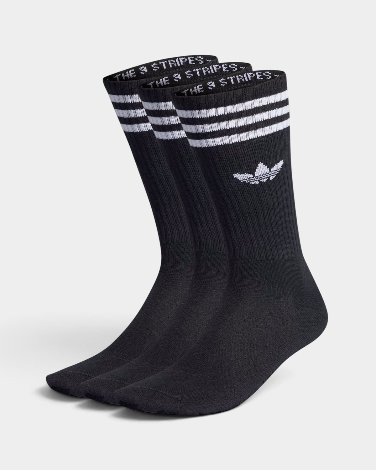 Lockwood Avenue adidas black high crew socks with white three stripes and trefoil logo on a cotton-blend knit