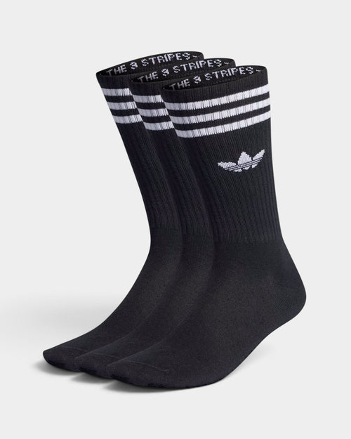 Lockwood Avenue adidas black high crew socks with white three stripes and trefoil logo on a cotton-blend knit