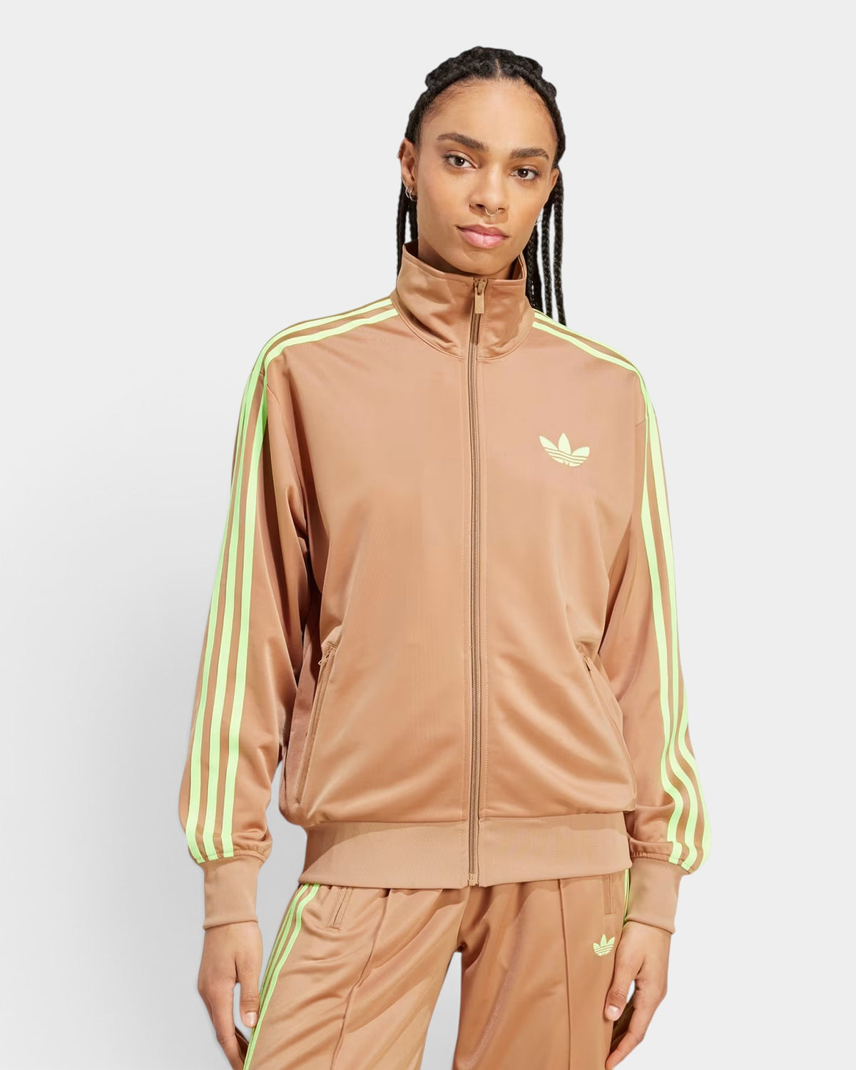 Lockwood Avenue adidas Adicolor Firebird brown tricot track top with green 3-Stripes and Trefoil logo on model