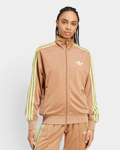 Lockwood Avenue adidas Adicolor Firebird brown tricot track top with green 3-Stripes and Trefoil logo on model