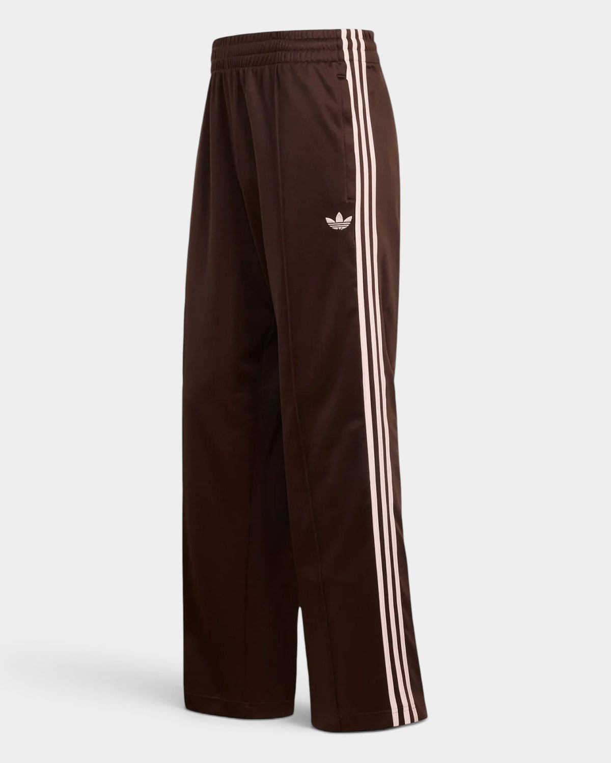 Lockwood Avenue adidas Firebird loose track pants in brown tricot with white 3-Stripes and Trefoil logo.