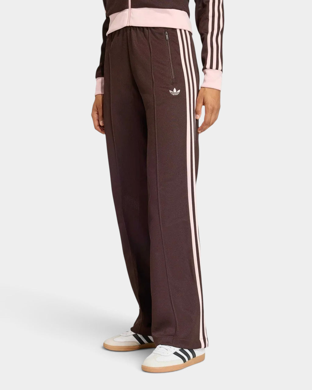 Lockwood Avenue adidas Firebird loose brown tricot track pants with pink 3-Stripes and Trefoil logo