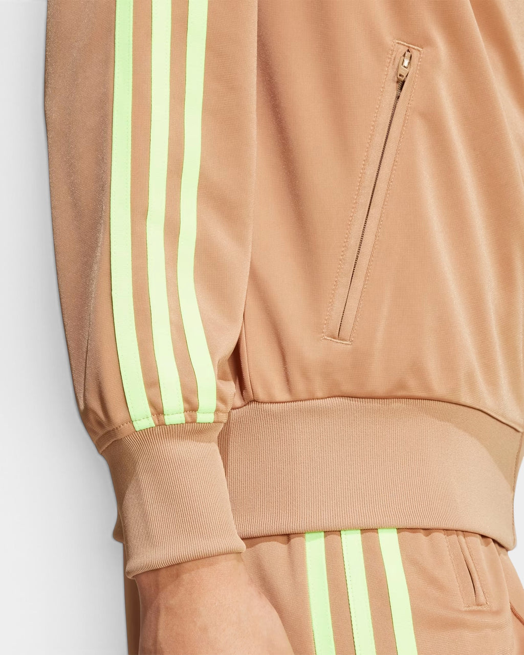 Lockwood Avenue adidas Firebird track top in brown tricot with signal green 3-Stripes and zip pocket detail