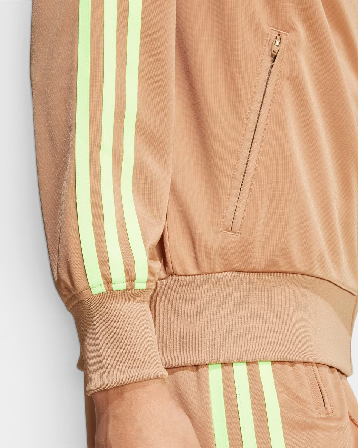 Lockwood Avenue adidas Firebird track top in brown tricot with signal green 3-Stripes and zip pocket detail