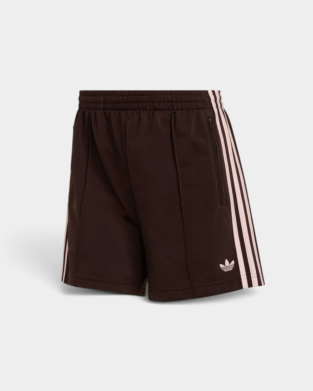 Lockwood Avenue adidas Firebird Classic brown tricot shorts with pink 3-Stripes and mid-rise waist