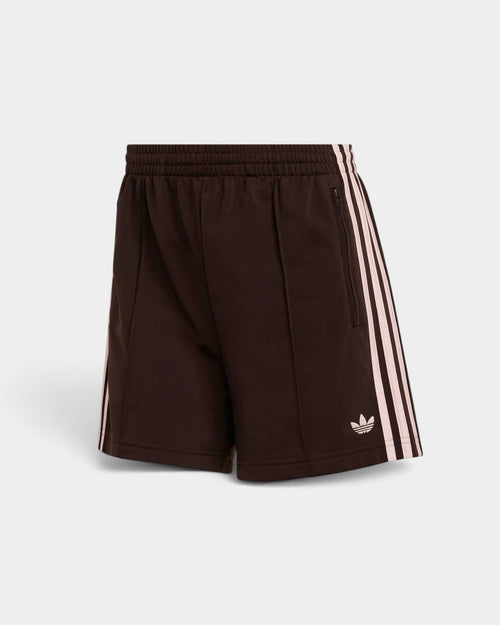 Lockwood Avenue adidas Firebird Classic brown tricot shorts with pink 3-Stripes and mid-rise waist