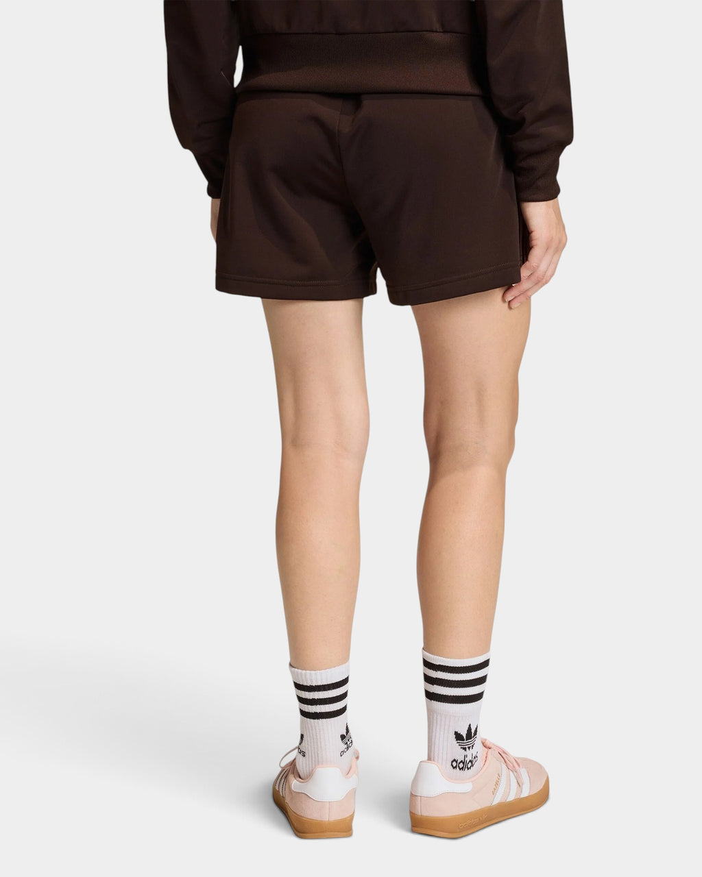 Lockwood Avenue adidas Firebird Classic brown tricot shorts with a loose fit and mid-rise waist, back view.