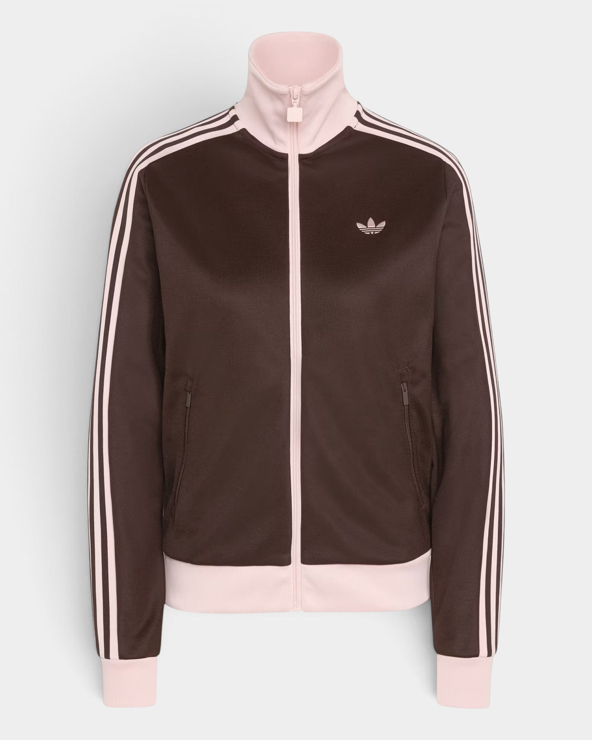 Lockwood Avenue adidas Classic Track Top in aurora coffee brown with sandy pink trim, high collar, and zip pockets.