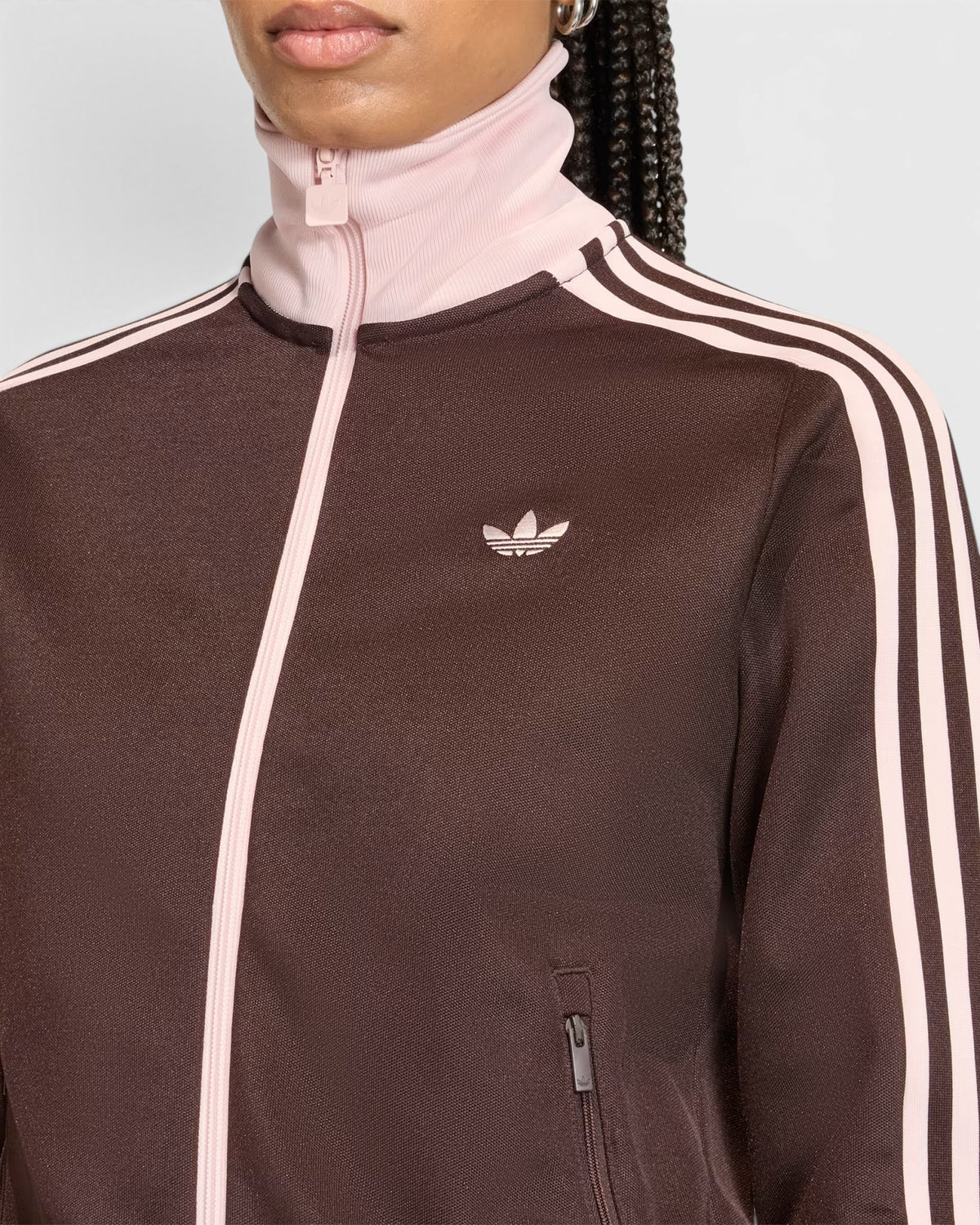 Lockwood Avenue adidas Classic Track Top in aurora coffee brown with sandy pink trim, featuring a high collar and logo
