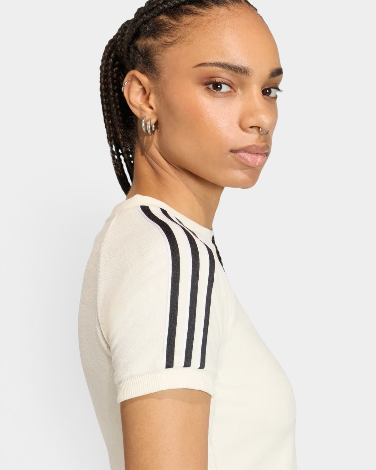 Lockwood Avenue adidas slim fit cream terry towel t-shirt with black three-stripe shoulder detail on a model