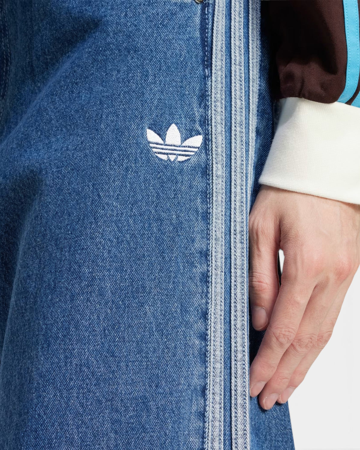 Lockwood Avenue adidas Adicolor denim Firebird pants featuring iconic 3-Stripes and embroidered Trefoil logo